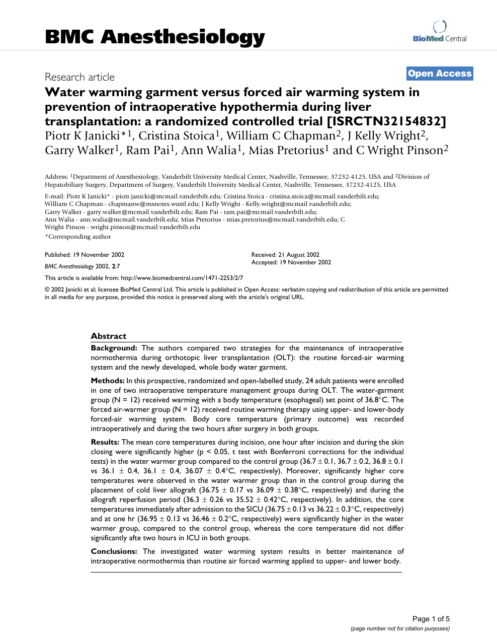 Water Warming Garment Versus Forced Air Warming System In Prevention Of Intraoperative Hypothermia During Liver Transplantation A Randomized Controlled Trial Isrctn Topic Of Research Paper In Medical Engineering Download Scholarly Article
