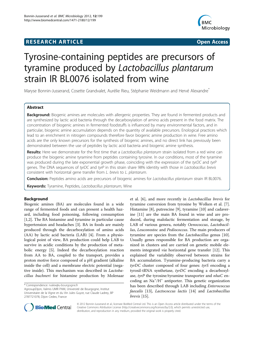 Tyrosine Containing Peptides Are Precursors Of Tyramine Produced By Lactobacillus Plantarum Strain Ir Bl0076 Isolated From Wine Topic Of Research Paper In Biological Sciences Download Scholarly Article Pdf And Read For Free