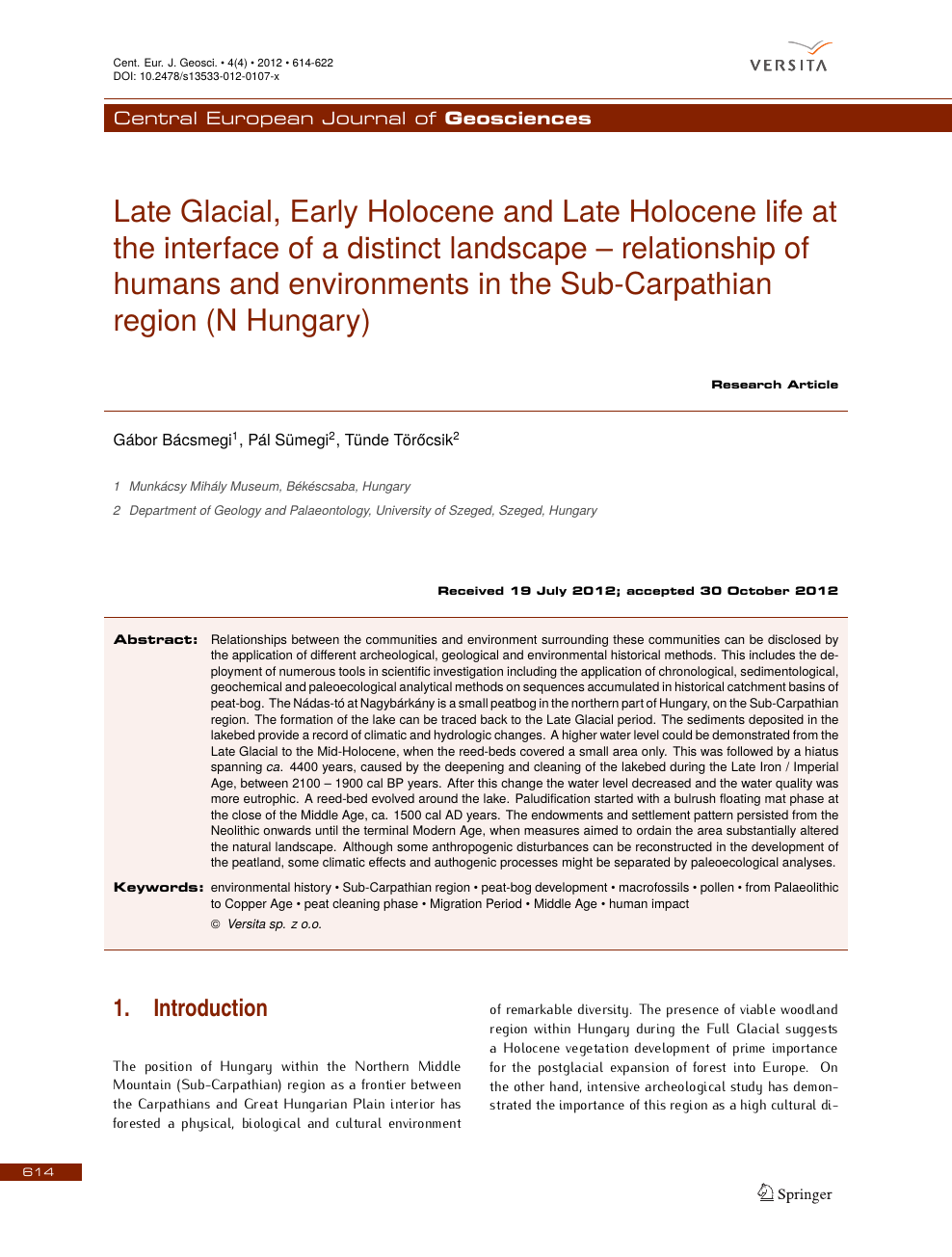Lateglacial–Holocene environments and human occupation in the