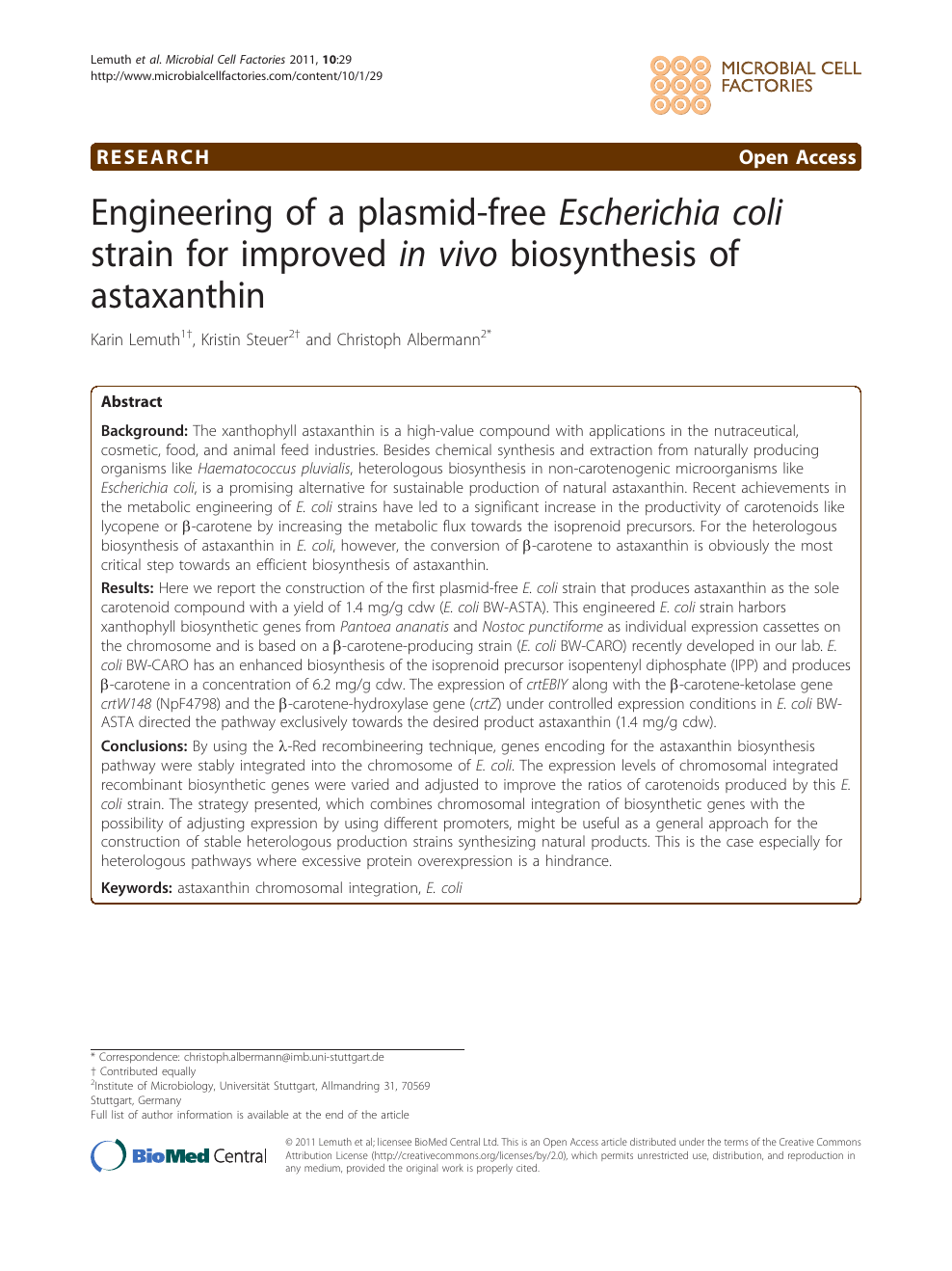 Engineering Of A Plasmid Free Escherichia Coli Strain For Improved In Vivo Biosynthesis Of Astaxanthin Topic Of Research Paper In Biological Sciences Download Scholarly Article Pdf And Read For Free On Cyberleninka