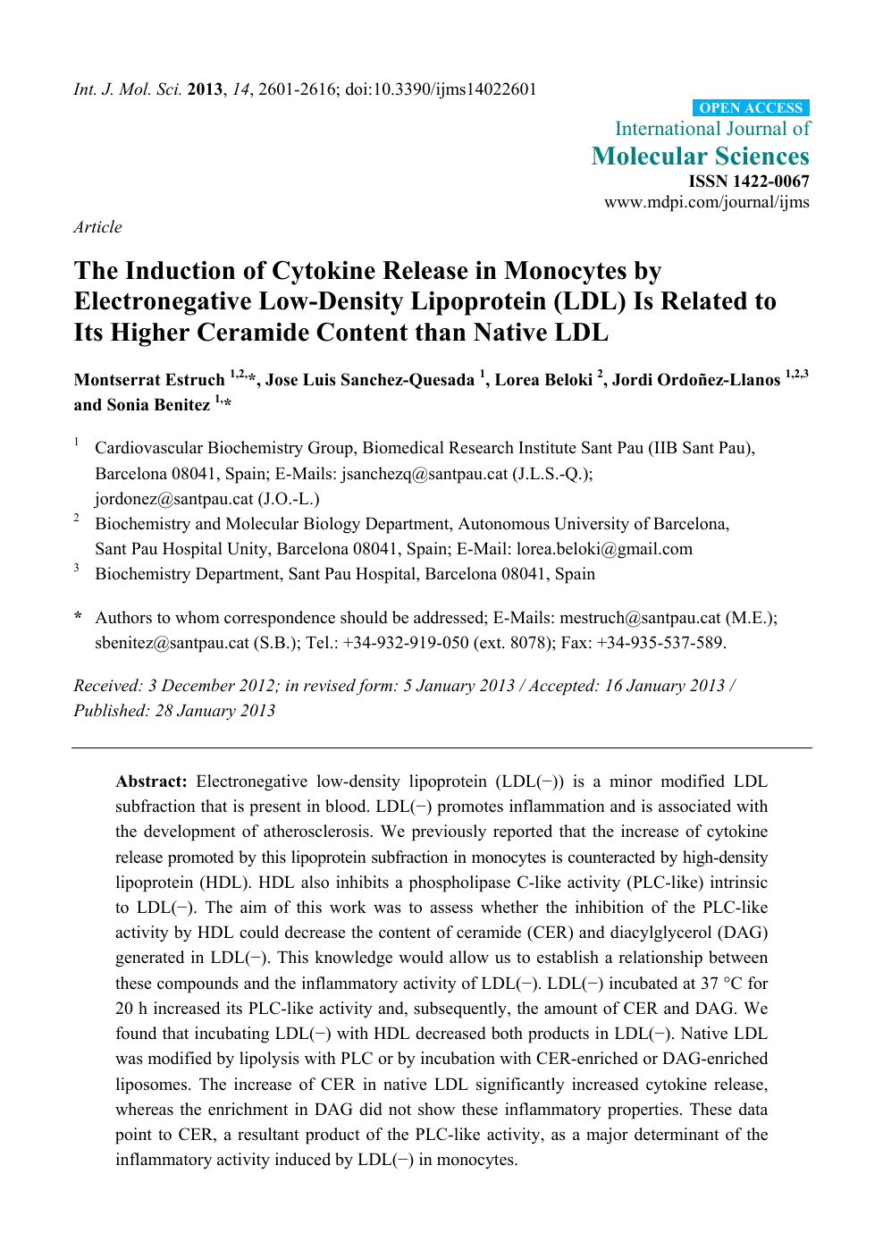The Induction Of Cytokine Release In Monocytes By Electronegative Low Density Lipoprotein Ldl Is Related To Its Higher Ceramide Content Than Native Ldl Topic Of Research Paper In Biological Sciences Download Scholarly