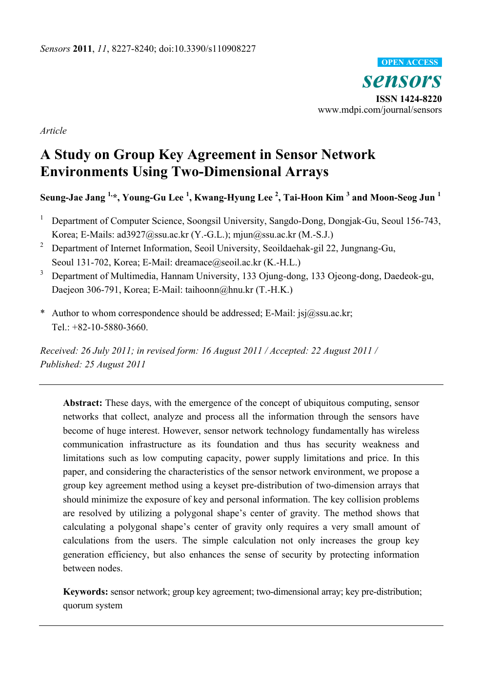 A Study On Group Key Agreement In Sensor Network Environments Using Two Dimensional Arrays Topic Of Research Paper In Electrical Engineering Electronic Engineering Information Engineering Download Scholarly Article Pdf And Read For