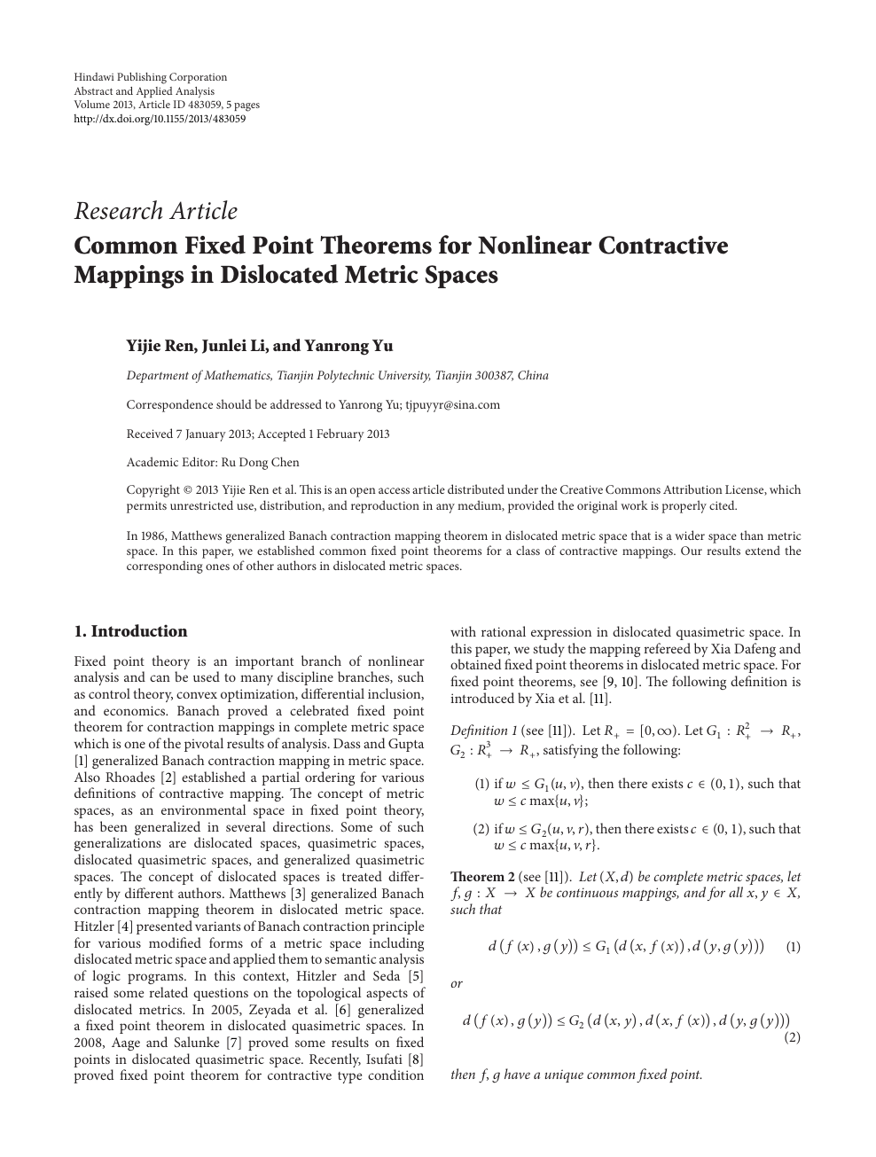 Common Fixed Point Theorems For Nonlinear Contractive Mappings In Dislocated Metric Spaces Topic Of Research Paper In Mathematics Download Scholarly Article Pdf And Read For Free On Cyberleninka Open Science Hub