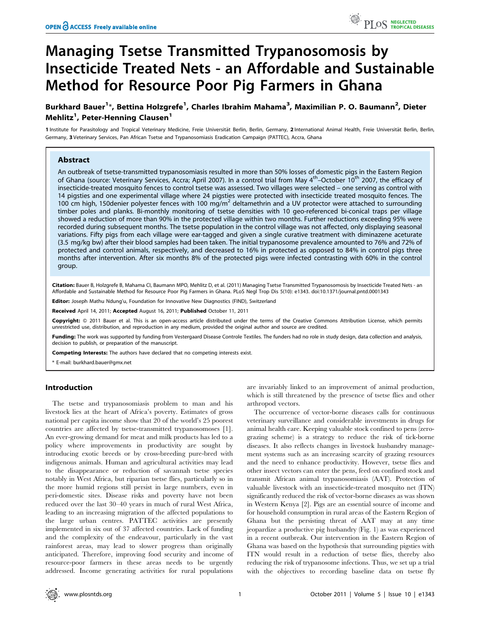 Managing Tsetse Transmitted Trypanosomosis by Insecticide Treated Nets - an  Affordable and Sustainable Method for Resource Poor Pig Farmers in Ghana –  topic of research paper in Veterinary science. Download scholarly article