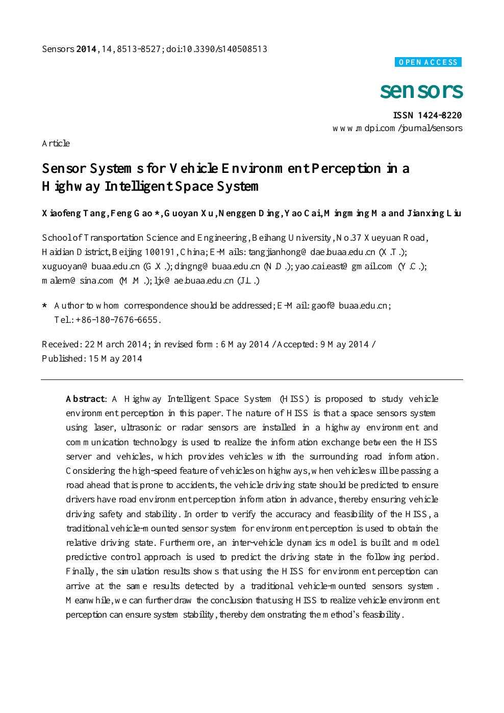 Sensor Systems For Vehicle Environment Perception In A Highway Intelligent Space System Topic Of Research Paper In Mechanical Engineering Download Scholarly Article Pdf And Read For Free On Cyberleninka Open Science