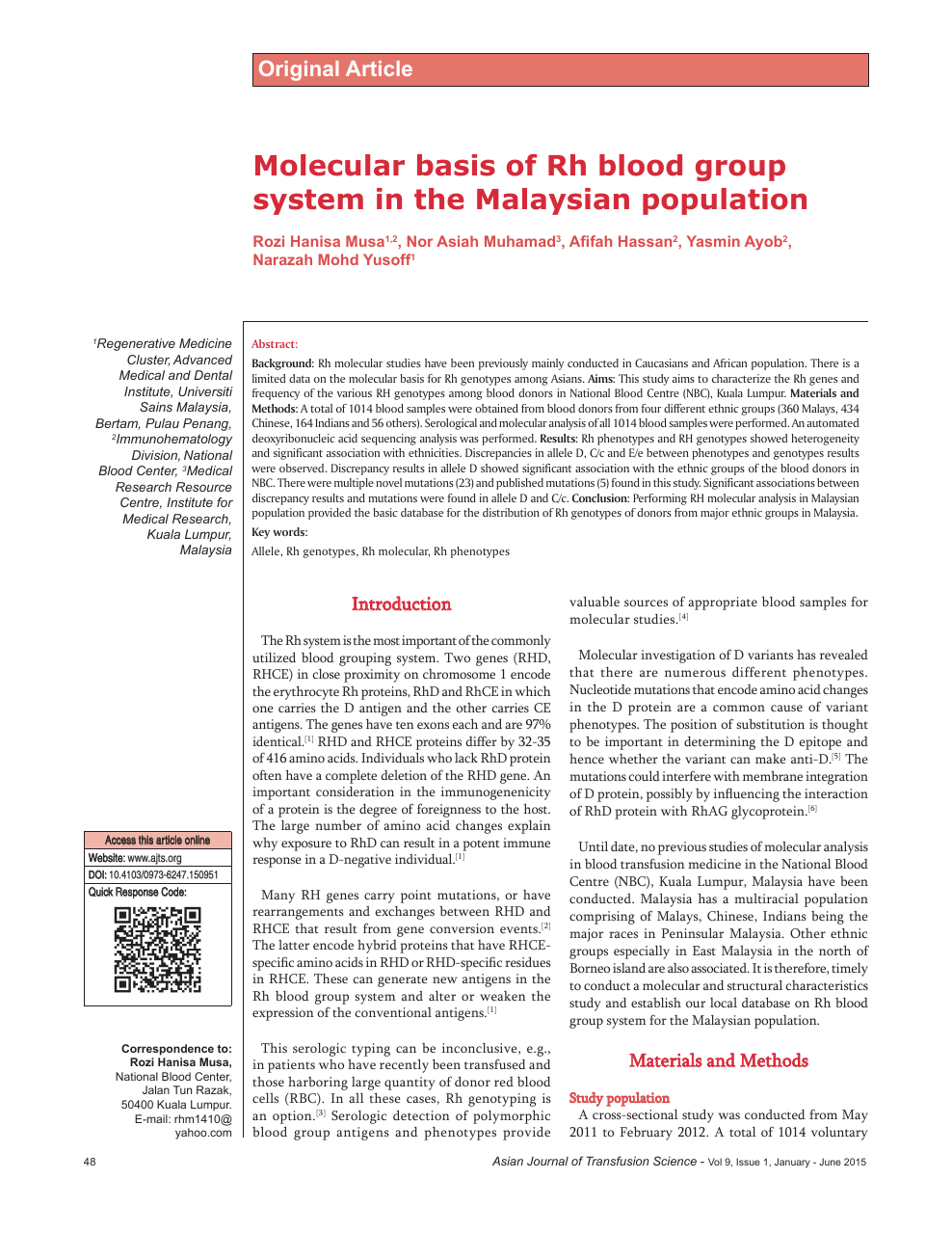 Molecular Basis Of Rh Blood Group System In The Malaysian Population Topic Of Research Paper In Biological Sciences Download Scholarly Article Pdf And Read For Free On Cyberleninka Open Science Hub