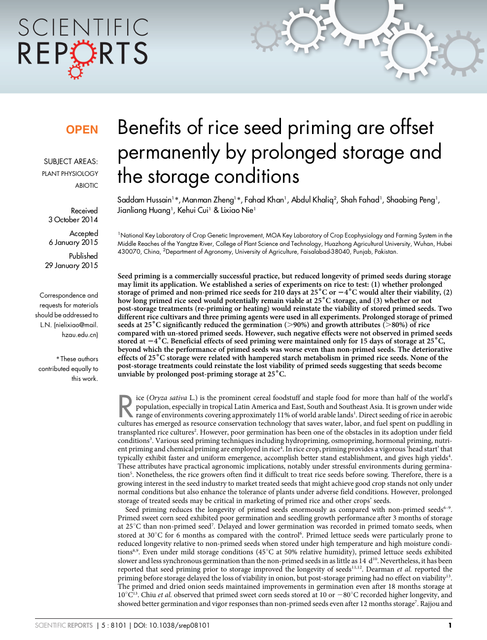 Benefits Of Rice Seed Priming Are Offset Permanently By Prolonged Storage And The Storage Conditions Topic Of Research Paper In Biological Sciences Download Scholarly Article Pdf And Read For Free On