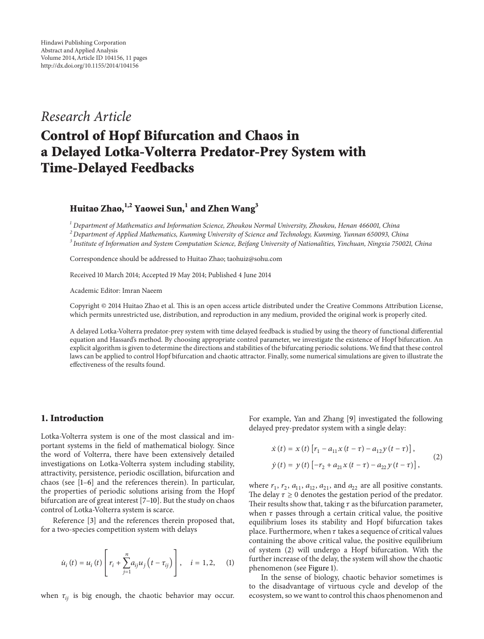 Control Of Hopf Bifurcation And Chaos In A Delayed Lotka Volterra Predator Prey System With Time Delayed Feedbacks Topic Of Research Paper In Mathematics Download Scholarly Article Pdf And Read For Free On Cyberleninka