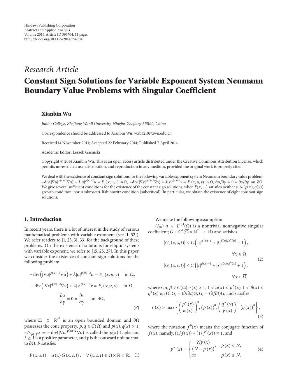 Constant Sign Solutions For Variable Exponent System Neumann Boundary Value Problems With Singular Coefficient Topic Of Research Paper In Mathematics Download Scholarly Article Pdf And Read For Free On Cyberleninka Open