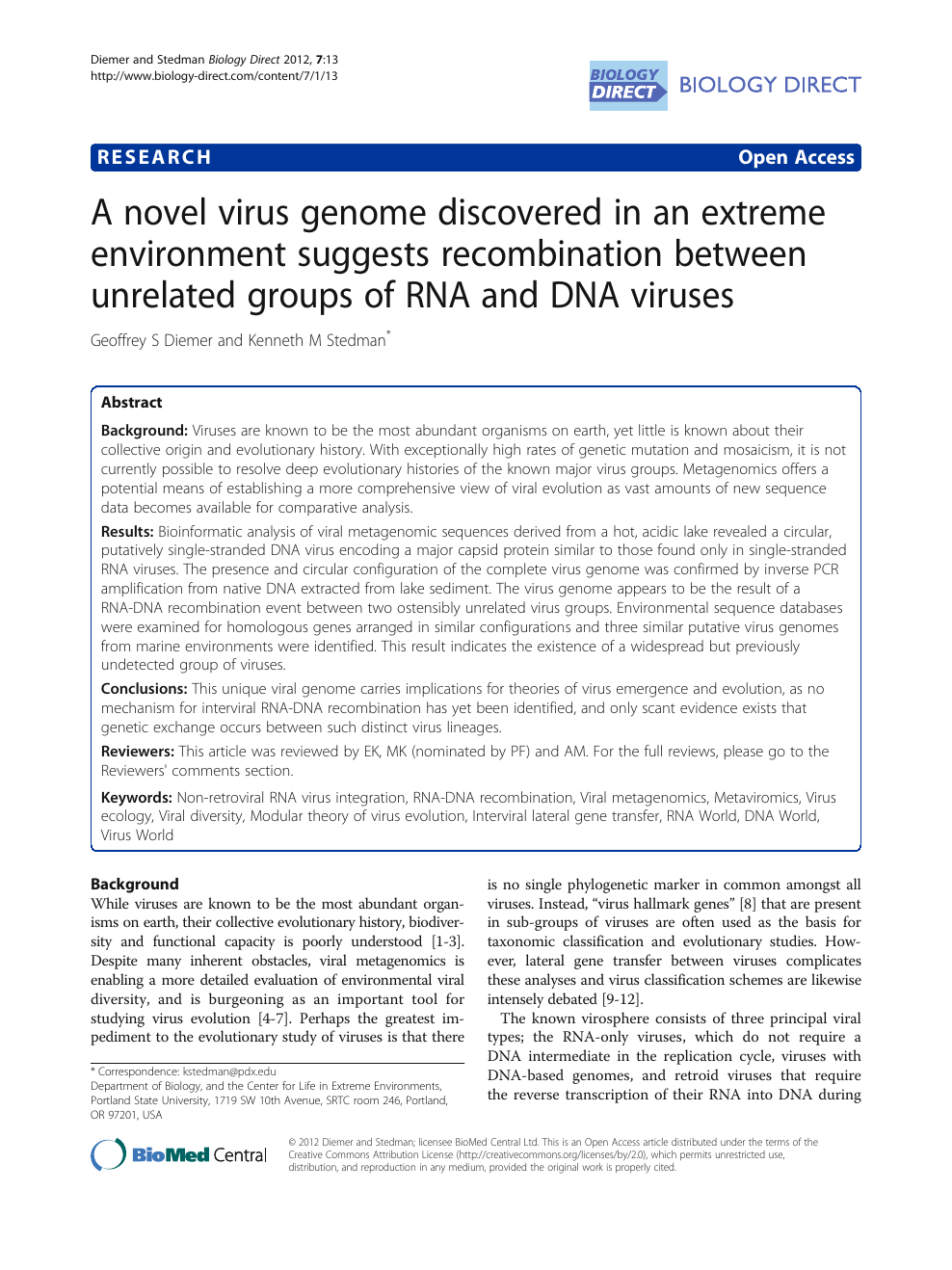 A Novel Virus Genome Discovered In An Extreme Environment Suggests Recombination Between Unrelated Groups Of Rna And Dna Viruses Topic Of Research Paper In Biological Sciences Download Scholarly Article Pdf And