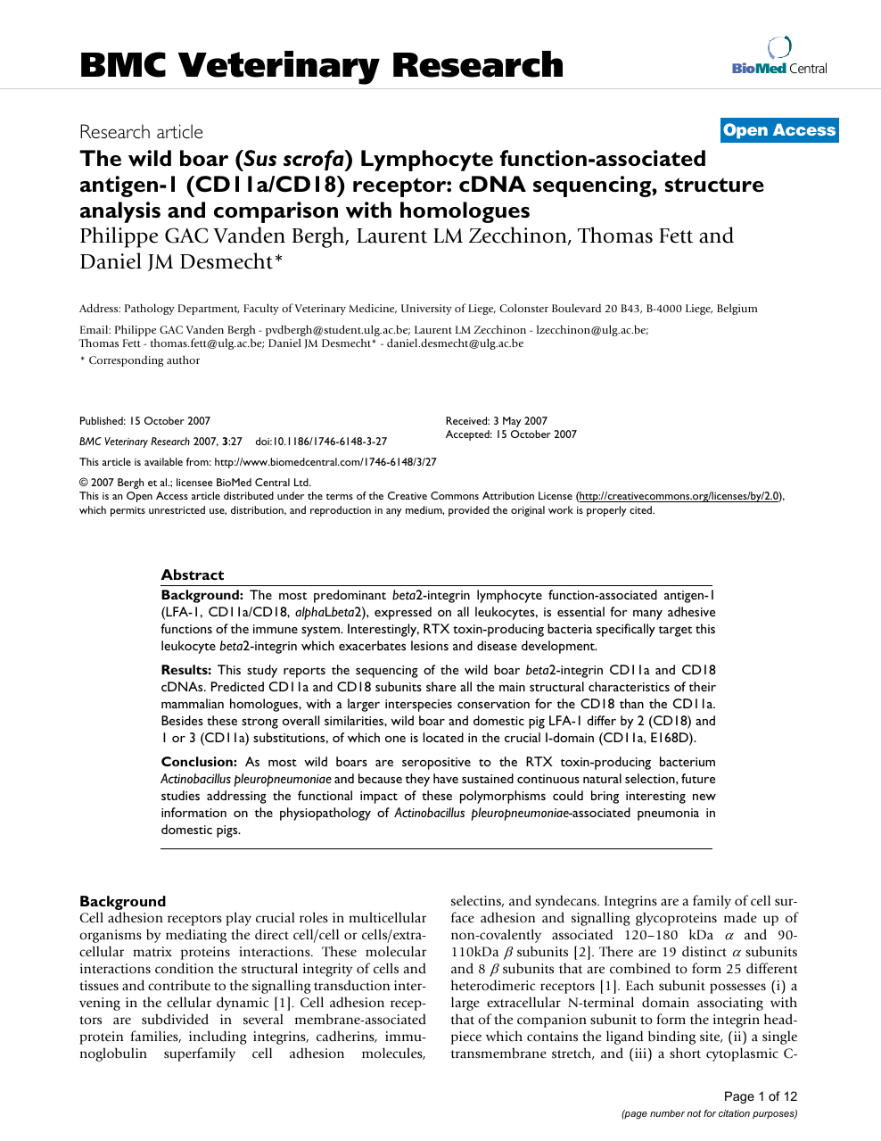 The Wild Boar Sus Scrofa Lymphocyte Function Associated Antigen 1 Cd11a Cd18 Receptor Cdna Sequencing Structure Analysis And Comparison With Homologues Topic Of Research Paper In Veterinary Science Download Scholarly Article Pdf And Read
