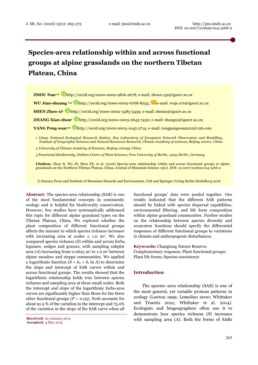 Species Area Relationship Within And Across Functional Groups At Alpine Grasslands On The Northern Tibetan Plateau China Topic Of Research Paper In Biological Sciences Download Scholarly Article Pdf And Read For Free