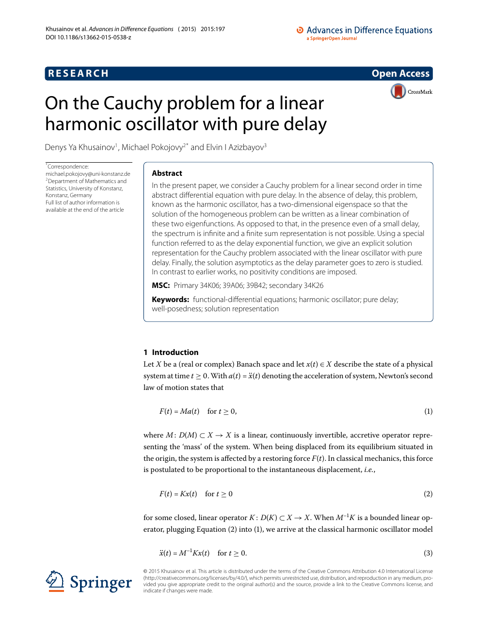 On The Cauchy Problem For A Linear Harmonic Oscillator With Pure Delay Topic Of Research Paper In Mathematics Download Scholarly Article Pdf And Read For Free On Cyberleninka Open Science Hub