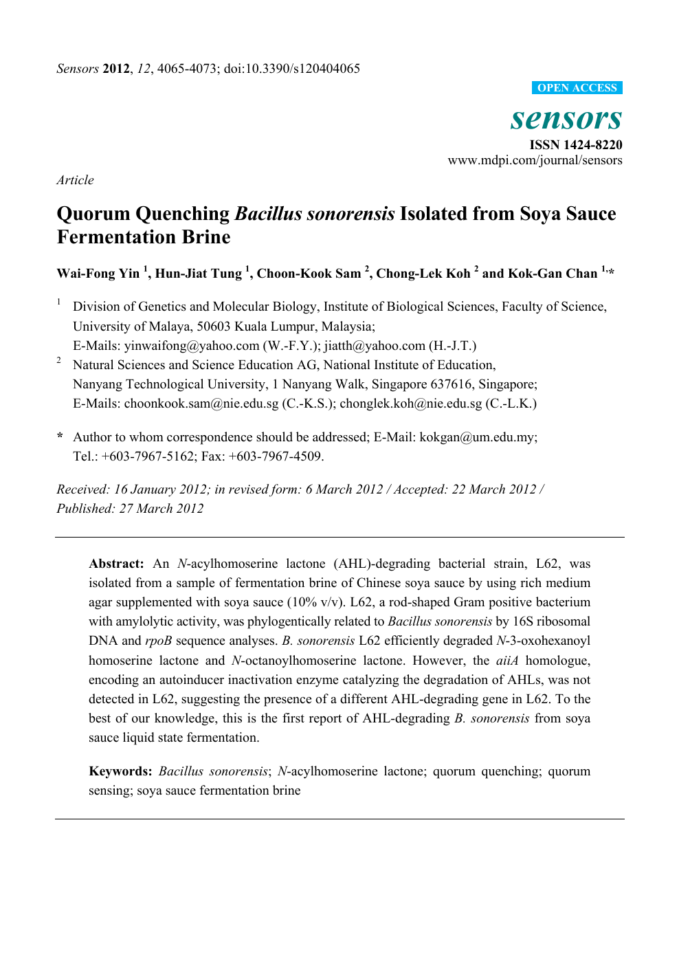 Quorum Quenching Bacillus Sonorensis Isolated From Soya Sauce Fermentation Brine Topic Of Research Paper In Biological Sciences Download Scholarly Article Pdf And Read For Free On Cyberleninka Open Science Hub