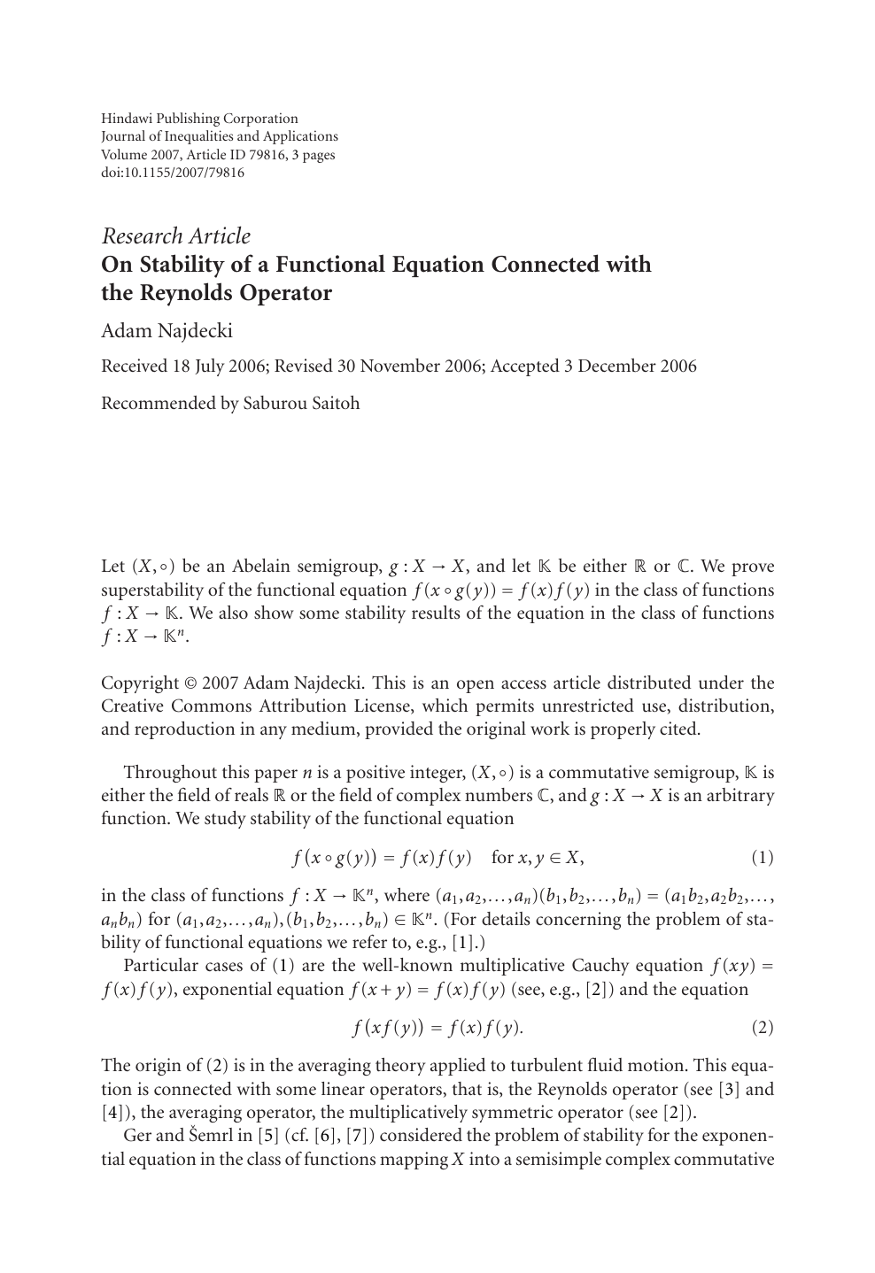 On Stability Of A Functional Equation Connected With The Reynolds Operator Topic Of Research Paper In Mathematics Download Scholarly Article Pdf And Read For Free On Cyberleninka Open Science Hub