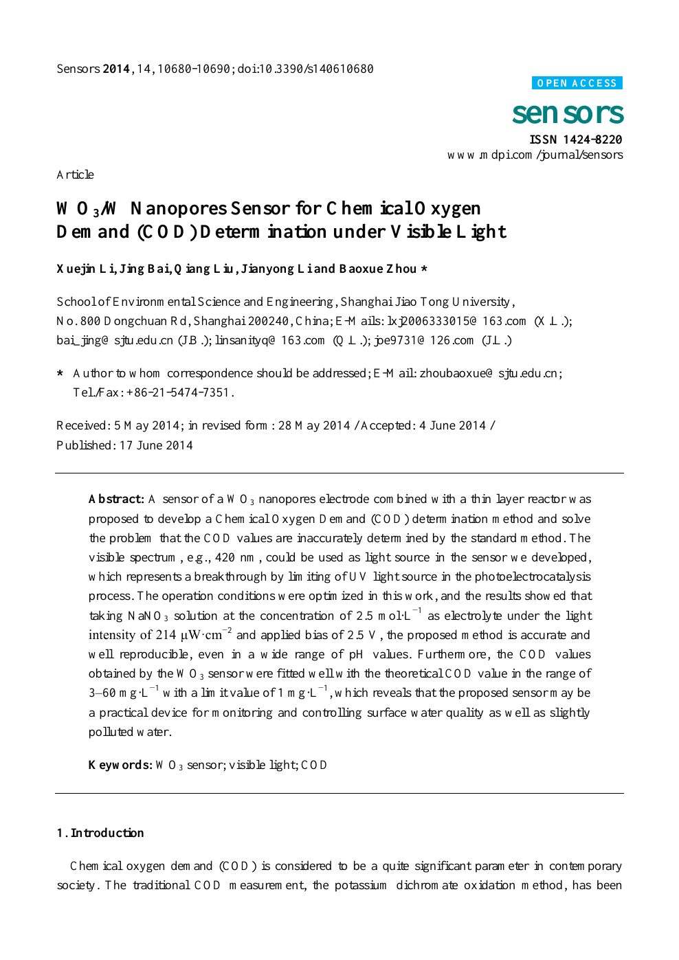 Wo3 W Nanopores Sensor For Chemical Oxygen Demand Cod Determination Under Visible Light Topic Of Research Paper In Chemical Sciences Download Scholarly Article Pdf And Read For Free On Cyberleninka Open Science
