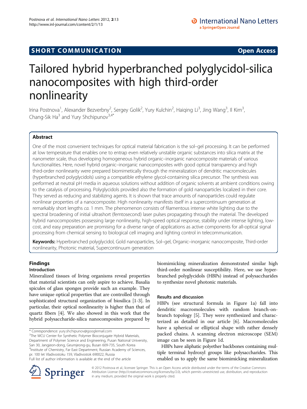 Tailored Hybrid Hyperbranched Polyglycidol Silica Nanocomposites With High Third Order Nonlinearity Topic Of Research Paper In Nano Technology Download Scholarly Article Pdf And Read For Free On Cyberleninka Open Science Hub