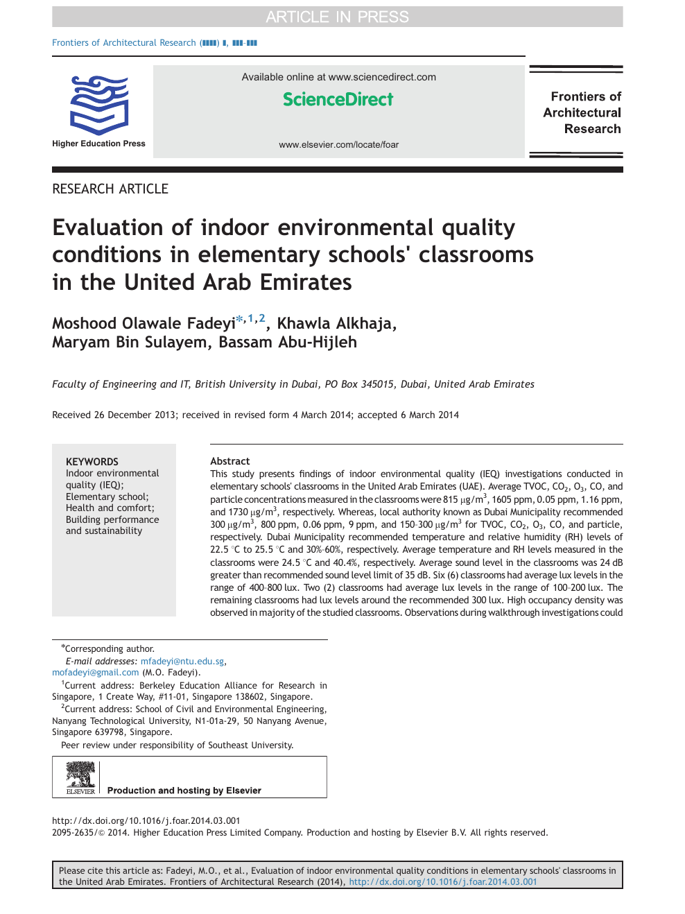 Evaluation Of Indoor Environmental Quality Conditions In Elementary Schools Classrooms In The United Arab Emirates Topic Of Research Paper In Earth And Related Environmental Sciences Download Scholarly Article Pdf And Read