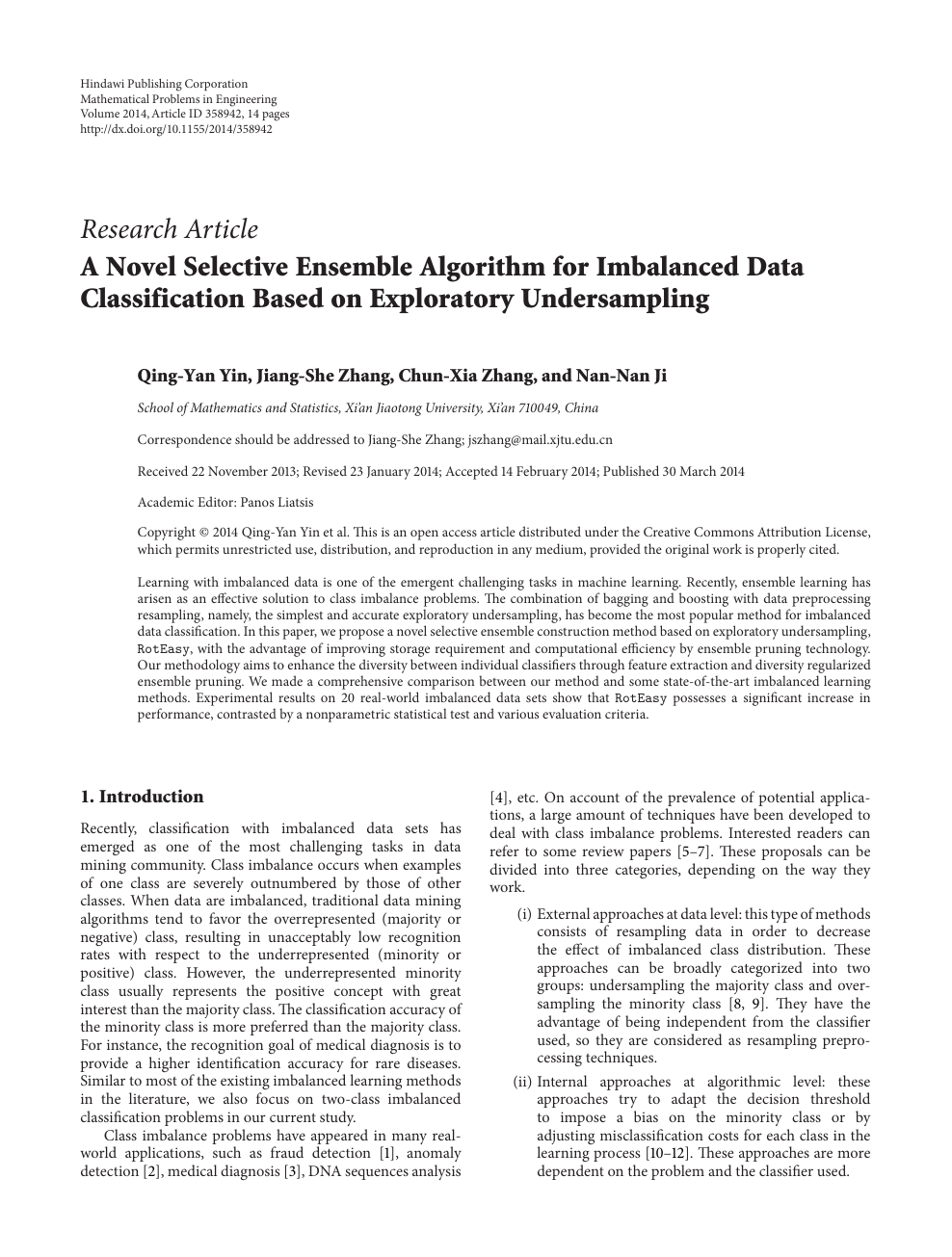 A Novel Selective Ensemble Algorithm For Imbalanced Data Classification Based On Exploratory Undersampling Topic Of Research Paper In Mathematics Download Scholarly Article Pdf And Read For Free On Cyberleninka Open Science