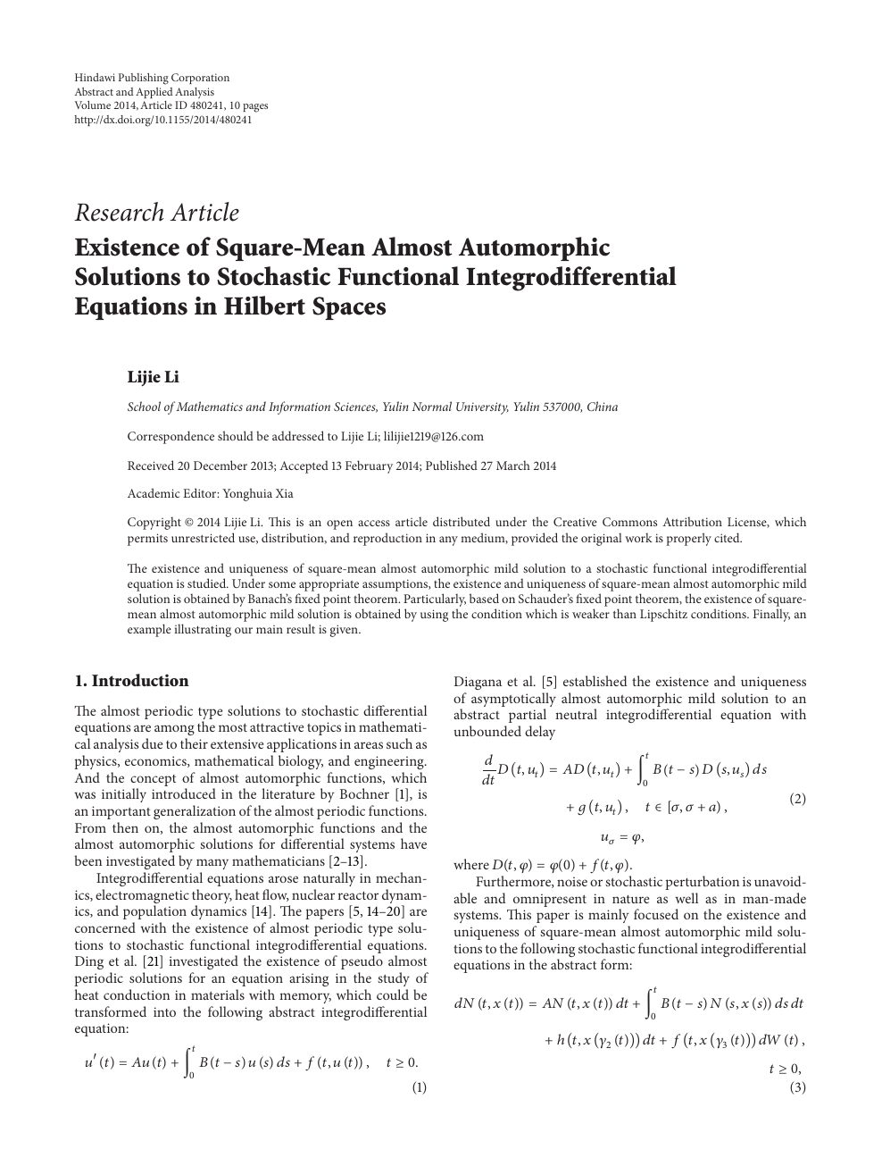 Existence Of Square Mean Almost Automorphic Solutions To Stochastic Functional Integrodifferential Equations In Hilbert Spaces Topic Of Research Paper In Mathematics Download Scholarly Article Pdf And Read For Free On Cyberleninka Open