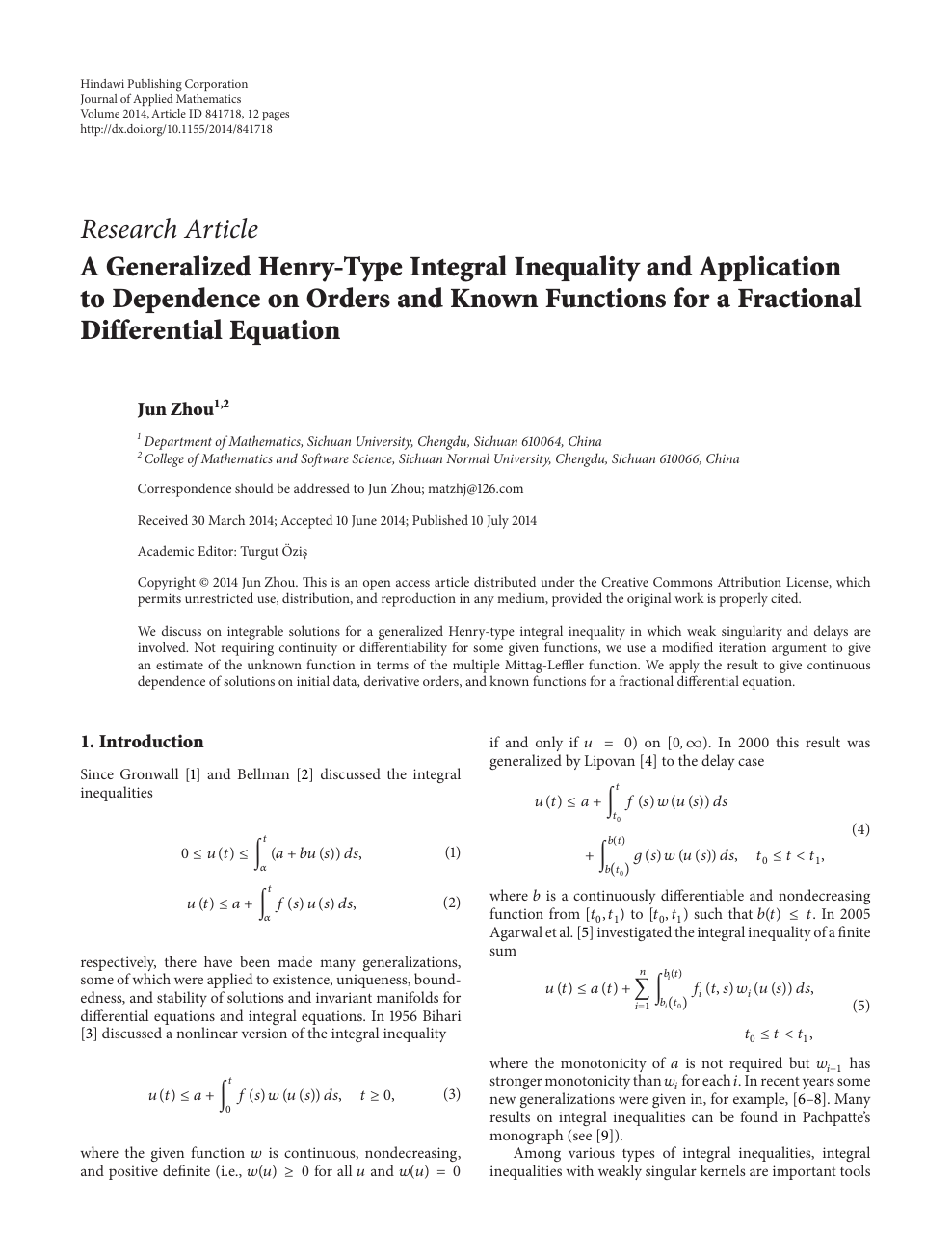 A Generalized Henry Type Integral Inequality And Application To Dependence On Orders And Known Functions For A Fractional Differential Equation Topic Of Research Paper In Mathematics Download Scholarly Article Pdf And Read