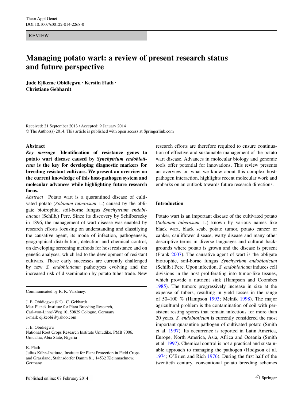 Managing Potato Wart A Review Of Present Research Status And