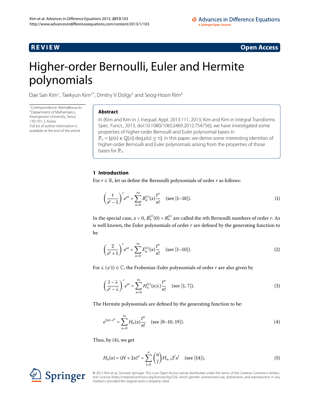 Higher Order Bernoulli Euler And Hermite Polynomials Topic Of Research Paper In Mathematics Download Scholarly Article Pdf And Read For Free On Cyberleninka Open Science Hub