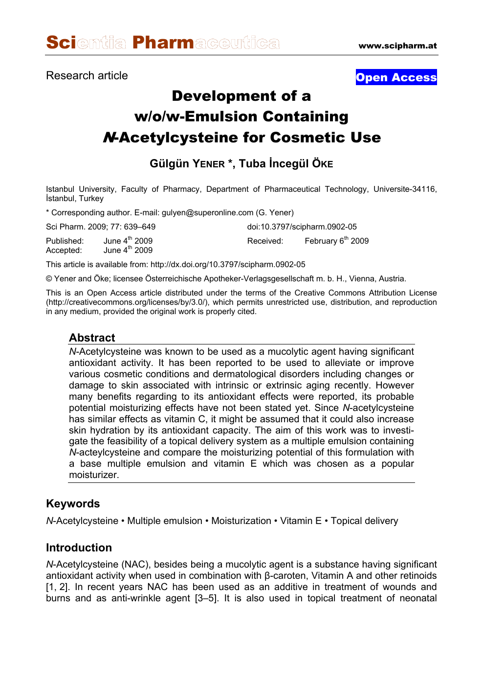 Development of a w/o/w Emulsion Containing N Acetylcysteine for ...