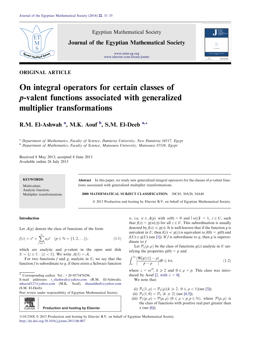 On Integral Operators For Certain Classes Of P Valent Functions Associated With Generalized Multiplier Transformations Topic Of Research Paper In Mathematics Download Scholarly Article Pdf And Read For Free On Cyberleninka Open