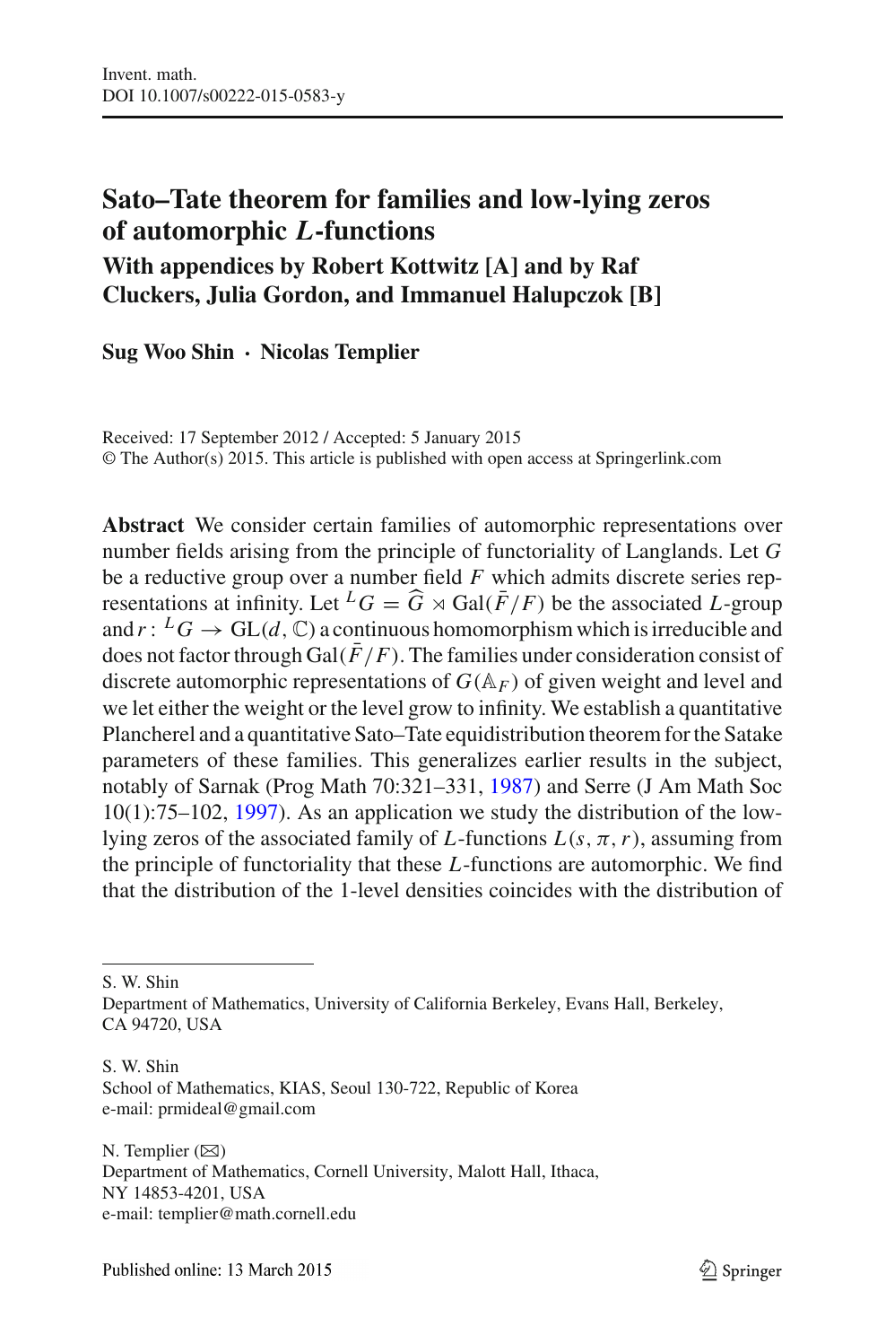 Sato Tate Theorem For Families And Low Lying Zeros Of Automorphic L L Functions Topic Of Research Paper In Mathematics Download Scholarly Article Pdf And Read For Free On Cyberleninka Open Science Hub