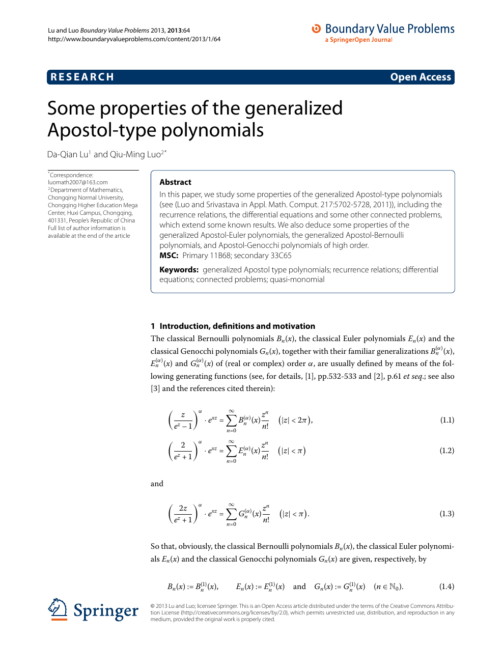 Some Properties Of The Generalized Apostol Type Polynomials Topic Of Research Paper In Mathematics Download Scholarly Article Pdf And Read For Free On Cyberleninka Open Science Hub