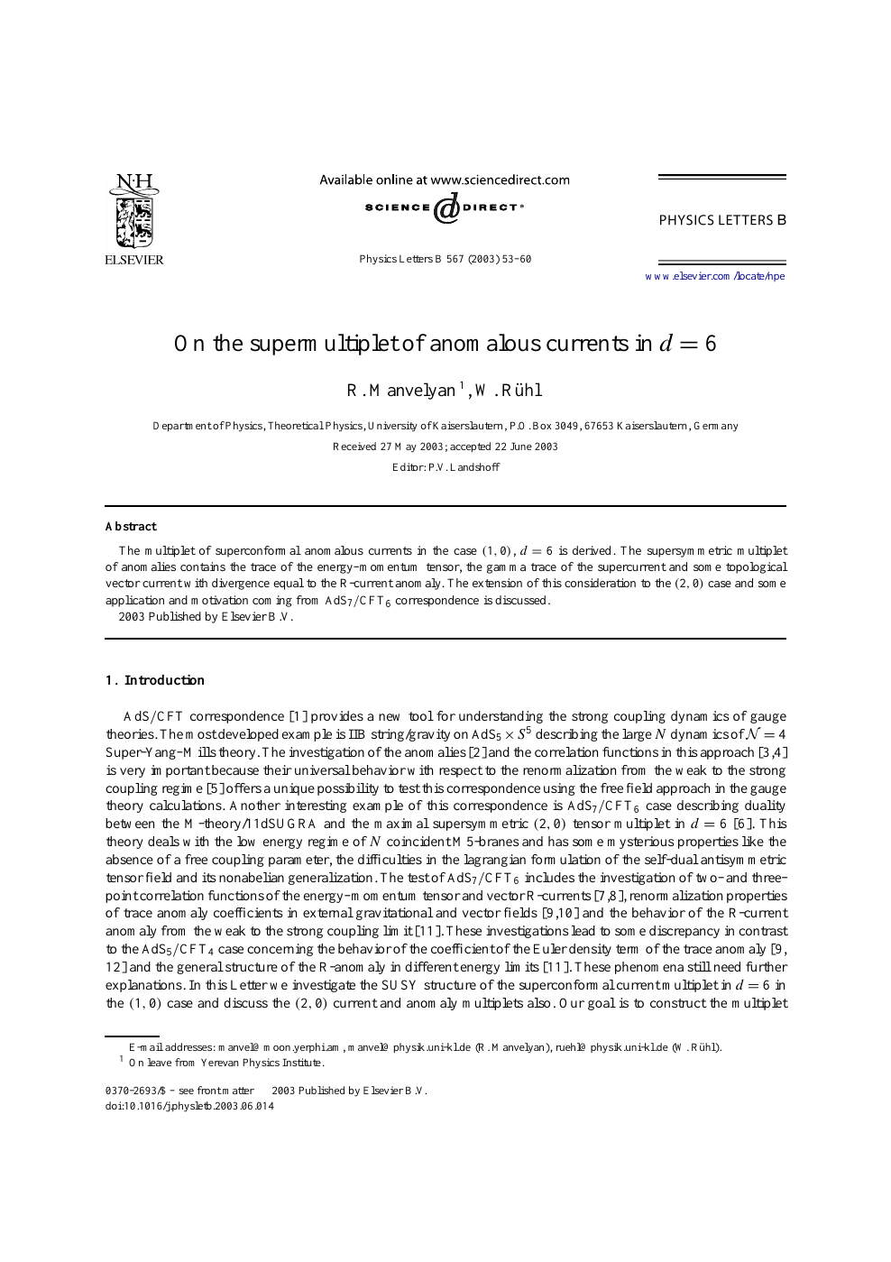 On The Supermultiplet Of Anomalous Currents In D 6 Topic Of Research Paper In Physical Sciences Download Scholarly Article Pdf And Read For Free On Cyberleninka Open Science Hub