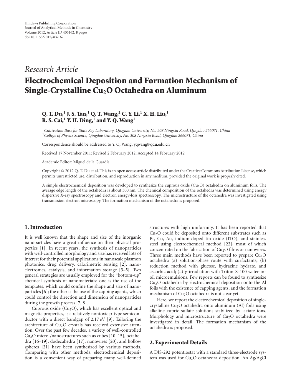 Electrochemical Deposition And Formation Mechanism Of Single Crystalline Cu 2 O Octahedra On Aluminum Topic Of Research Paper In Nano Technology Download Scholarly Article Pdf And Read For Free On Cyberleninka Open Science