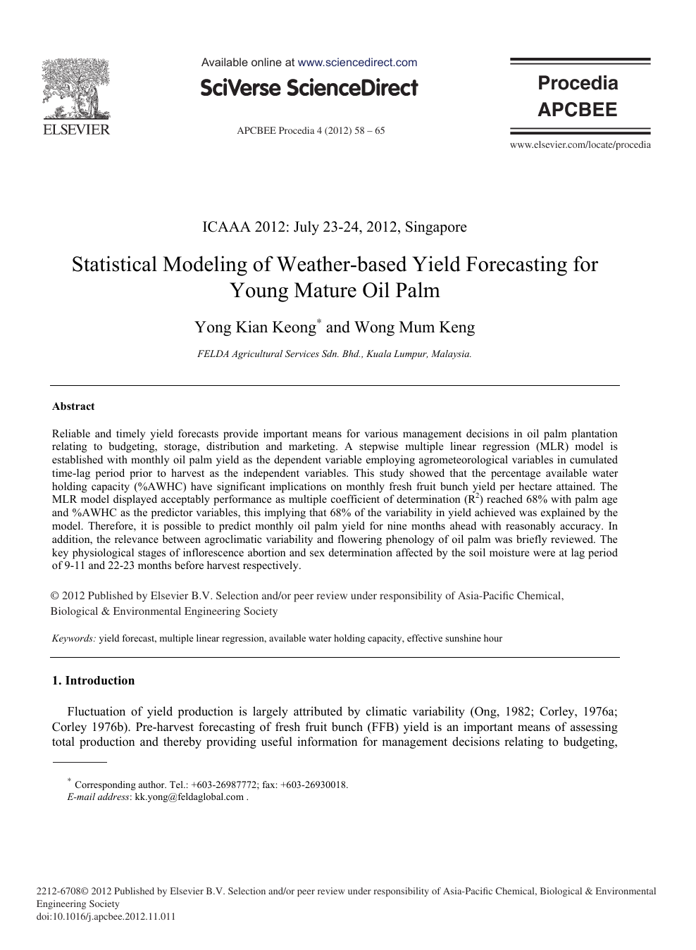 Statistical Modeling Of Weather Based Yield Forecasting For Young Mature Oil Palm Topic Of Research Paper In Agriculture Forestry And Fisheries Download Scholarly Article Pdf And Read For Free On Cyberleninka Open