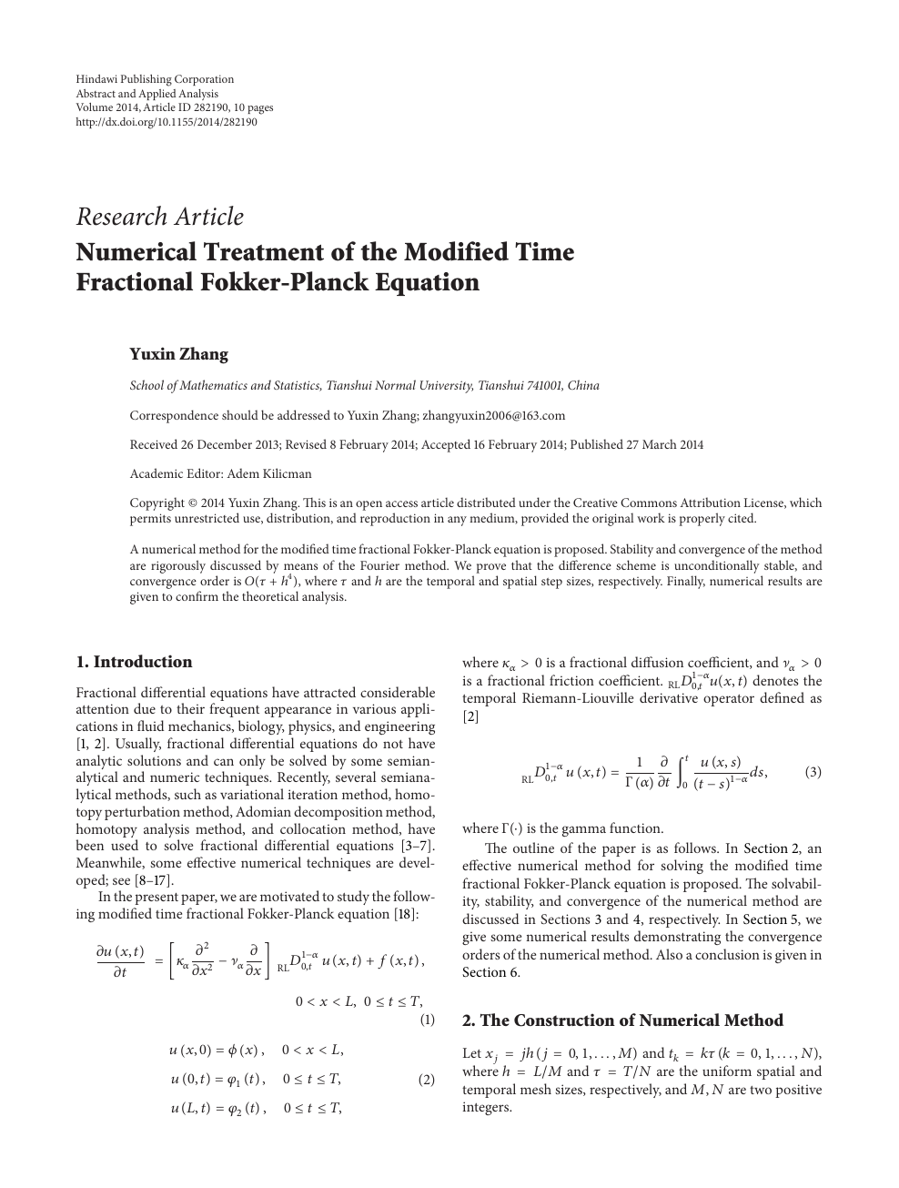 Numerical Treatment Of The Modified Time Fractional Fokker Planck Equation Topic Of Research Paper In Mathematics Download Scholarly Article Pdf And Read For Free On Cyberleninka Open Science Hub