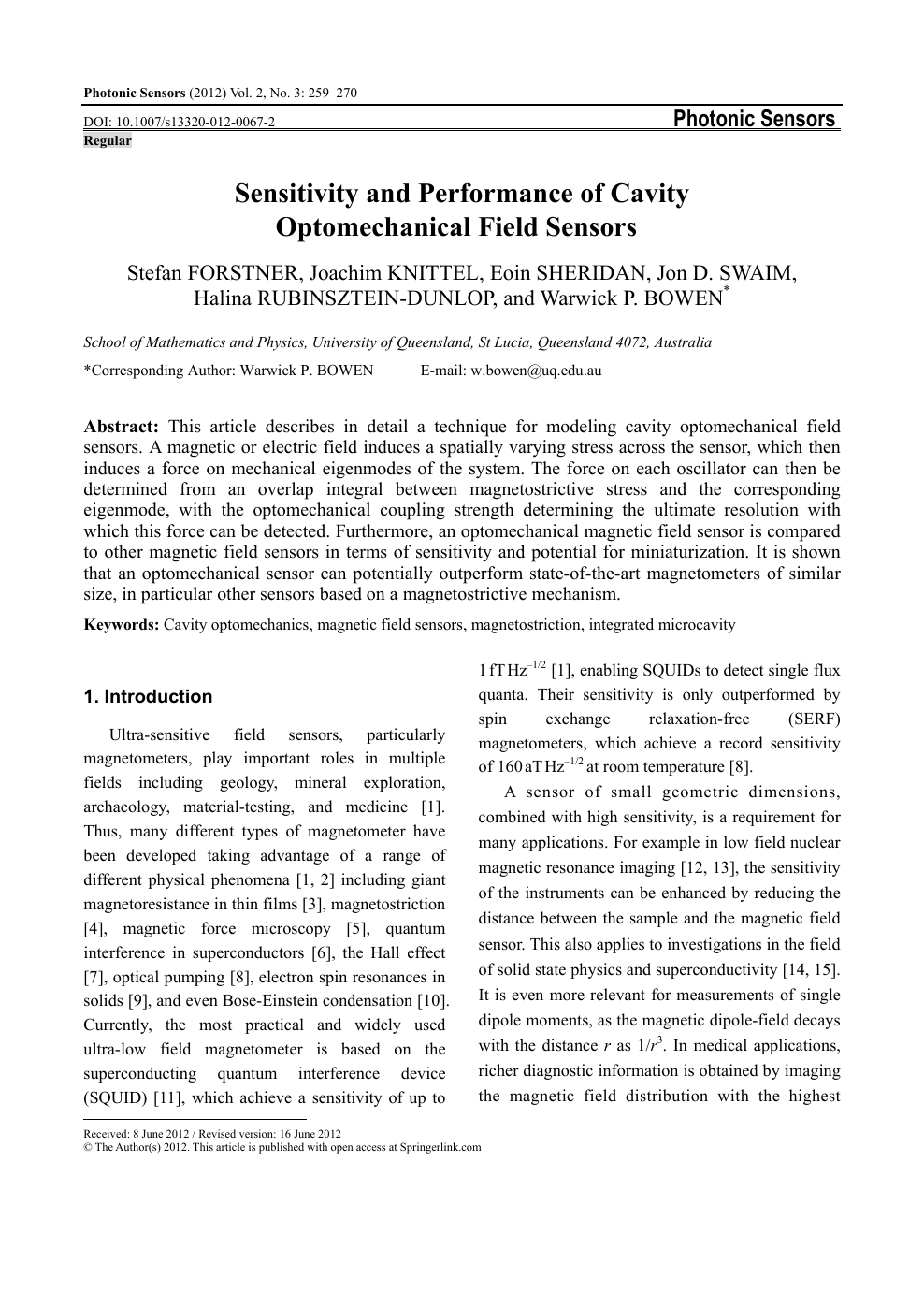 Sensitivity And Performance Of Cavity Optomechanical Field Sensors Topic Of Research Paper In Nano Technology Download Scholarly Article Pdf And Read For Free On Cyberleninka Open Science Hub