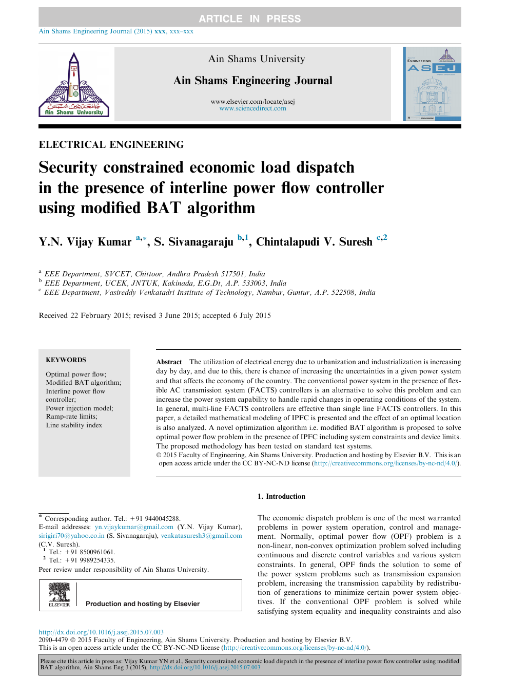 Security Constrained Economic Load Dispatch In The Presence Of Interline Power Flow Controller Using Modified Bat Algorithm Topic Of Research Paper In Electrical Engineering Electronic Engineering Information Engineering Download Scholarly Article