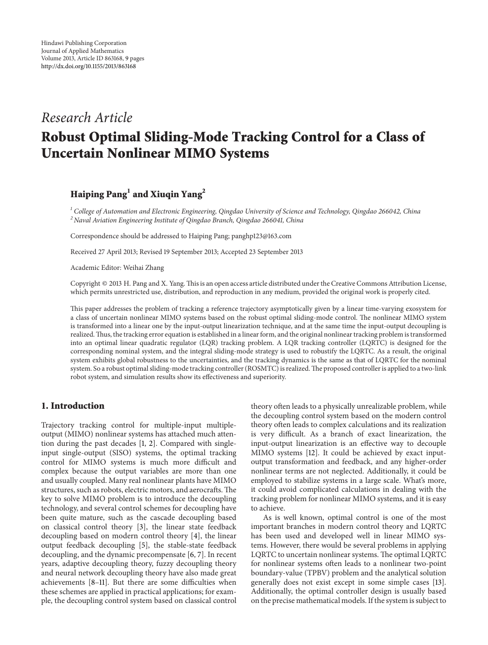 Robust Optimal Sliding Mode Tracking Control For A Class Of Uncertain Nonlinear Mimo Systems Topic Of Research Paper In Mathematics Download Scholarly Article Pdf And Read For Free On Cyberleninka Open Science