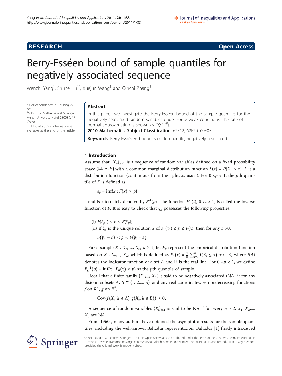 Berry Esseen Bound Of Sample Quantiles For Negatively Associated Sequence Topic Of Research Paper In Mathematics Download Scholarly Article Pdf And Read For Free On Cyberleninka Open Science Hub