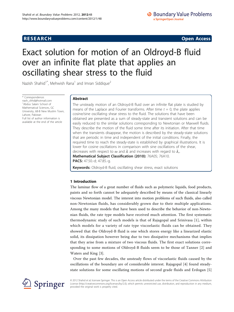 Exact Solution For Motion Of An Oldroyd B Fluid Over An Infinite Flat Plate That Applies An Oscillating Shear Stress To The Fluid Topic Of Research Paper In Mathematics Download Scholarly Article