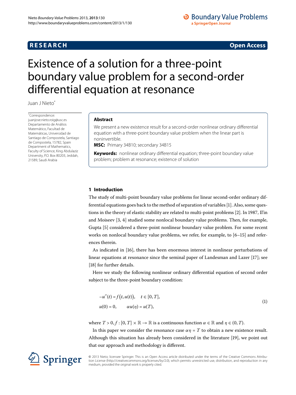 Existence Of A Solution For A Three Point Boundary Value Problem For A Second Order Differential Equation At Resonance Topic Of Research Paper In Mathematics Download Scholarly Article Pdf And Read For Free