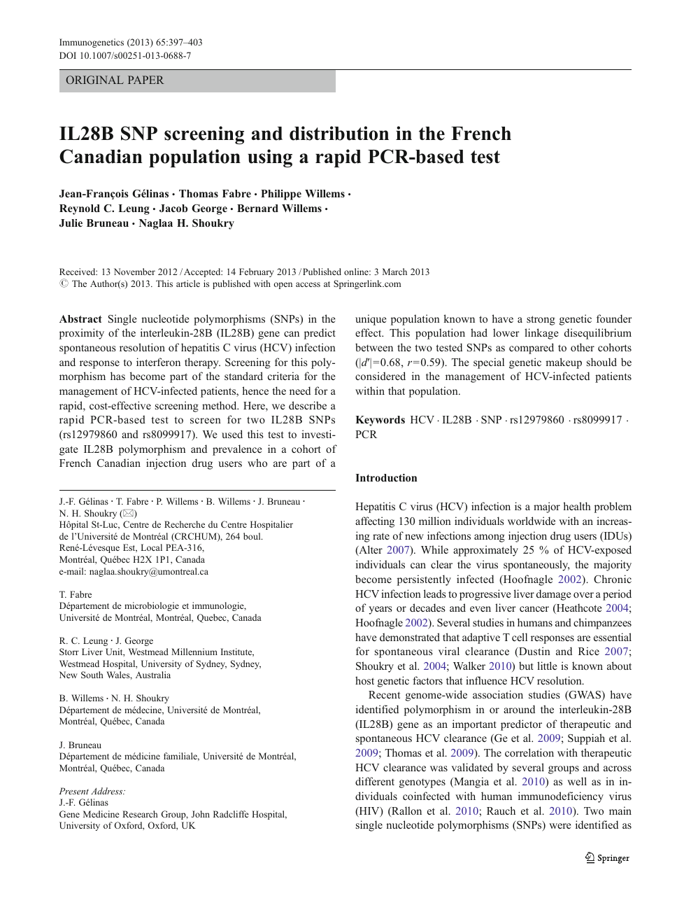 Il28b Snp Screening And Distribution In The French Canadian Population Using A Rapid Pcr Based Test Topic Of Research Paper In Biological Sciences Download Scholarly Article Pdf And Read For Free On