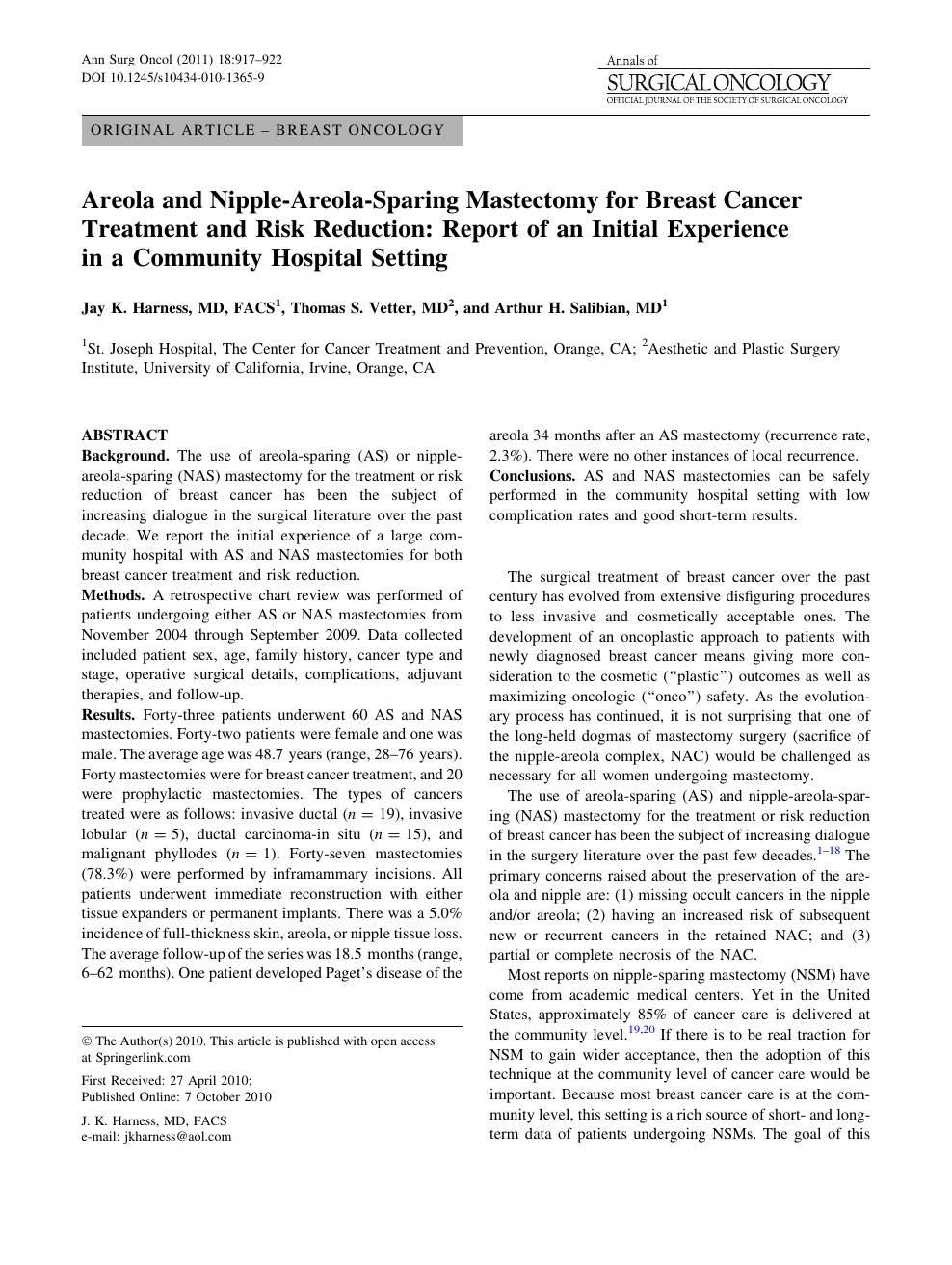 Areola and Nipple-Areola-Sparing Mastectomy for Breast Cancer Treatment and Risk Reduction Report of an Initial Experience in a Community Hospital Setting picture