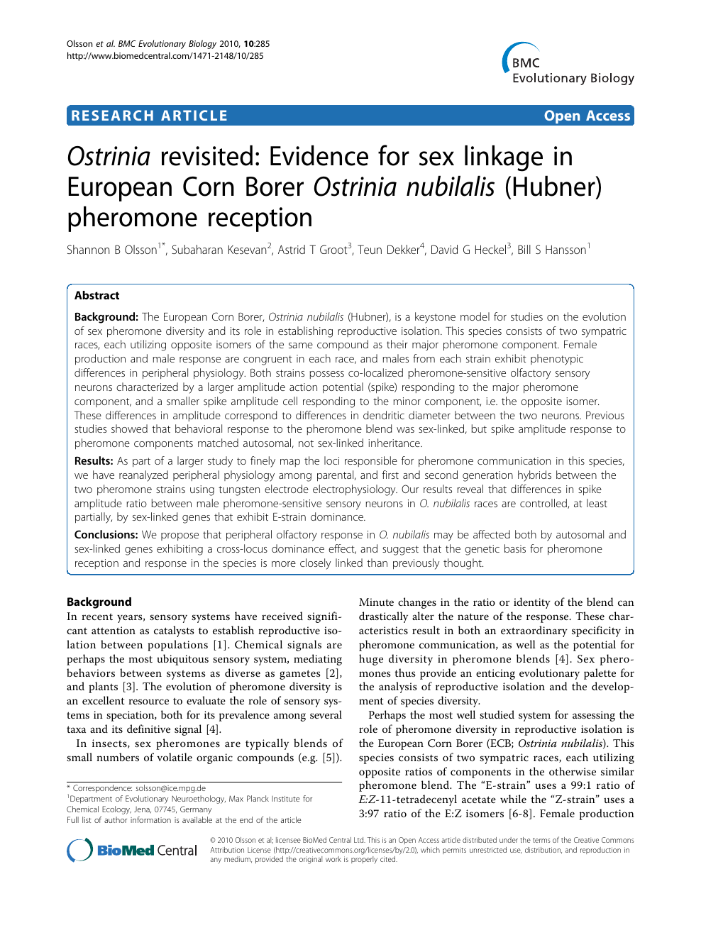 Ostrinia revisited Evidence for sex linkage in European Corn Borer Ostrinia nubilalis (Hubner) pheromone reception